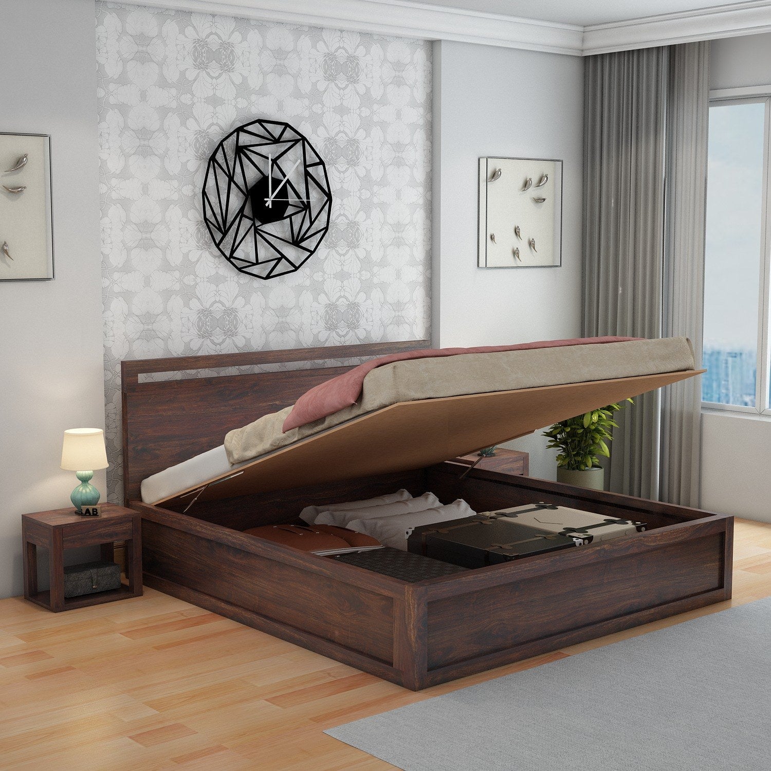 Livinn Solid Sheesham Wood Hydraulic Bed With Box Storage (King Size, Walnut Finish)