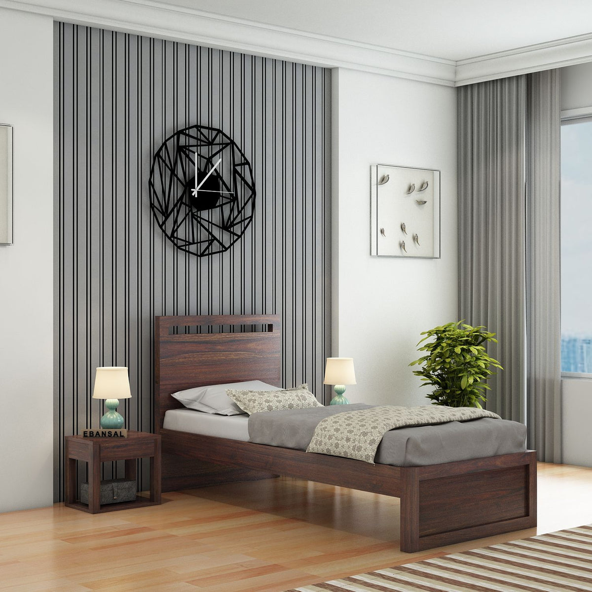 Livinn Solid Sheesham Wood Single Bed Without Storage (Walnut Finish)