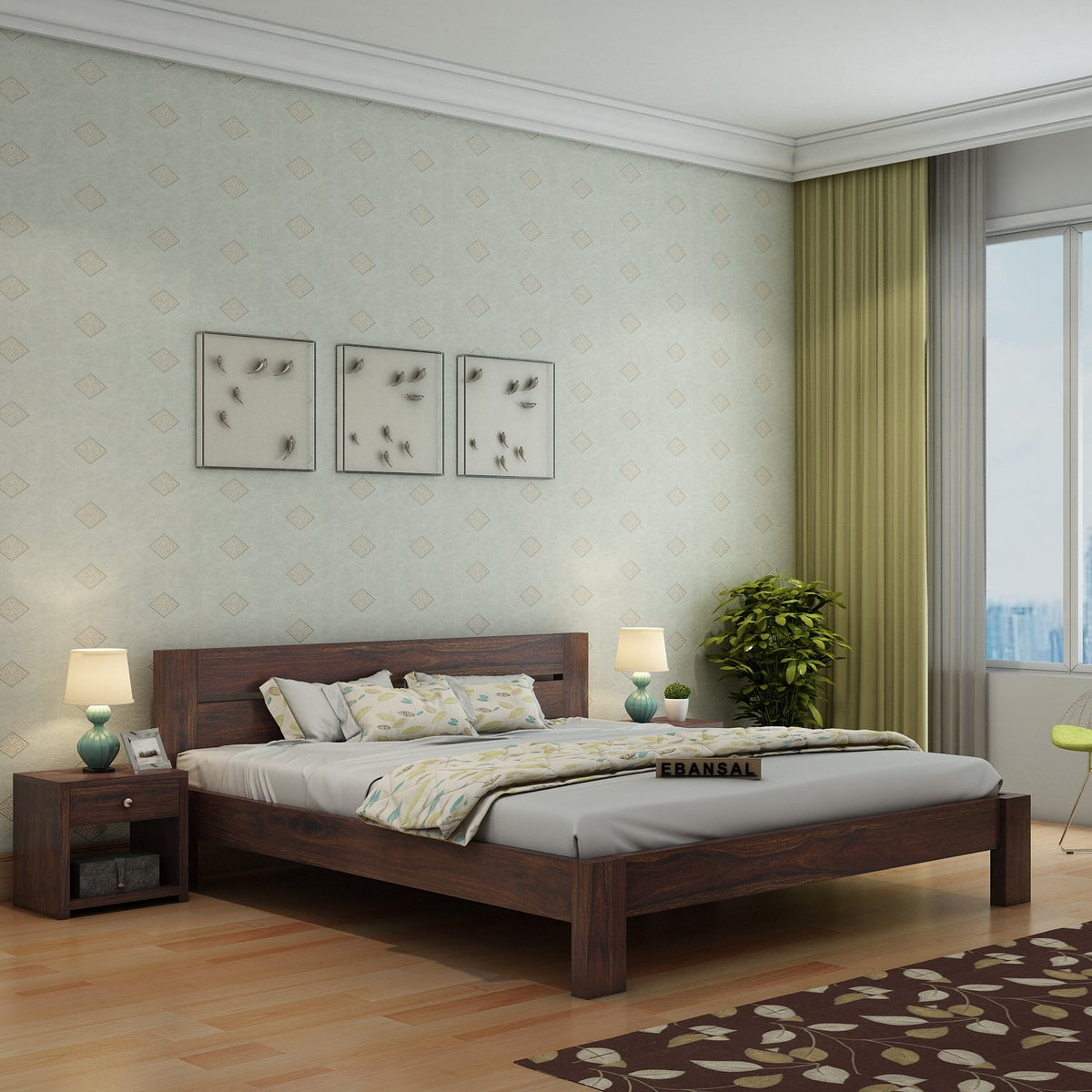 Maria Solid Sheesham Wood Bed Without Storage (King Size, Walnut Finish)
