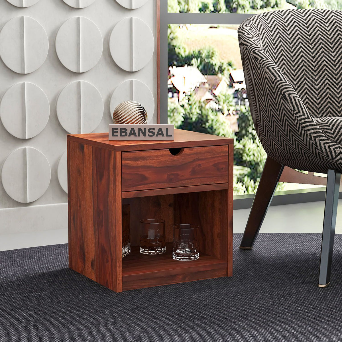 Maria Solid Sheesham Wood Bedside Table (Natural Finish)
