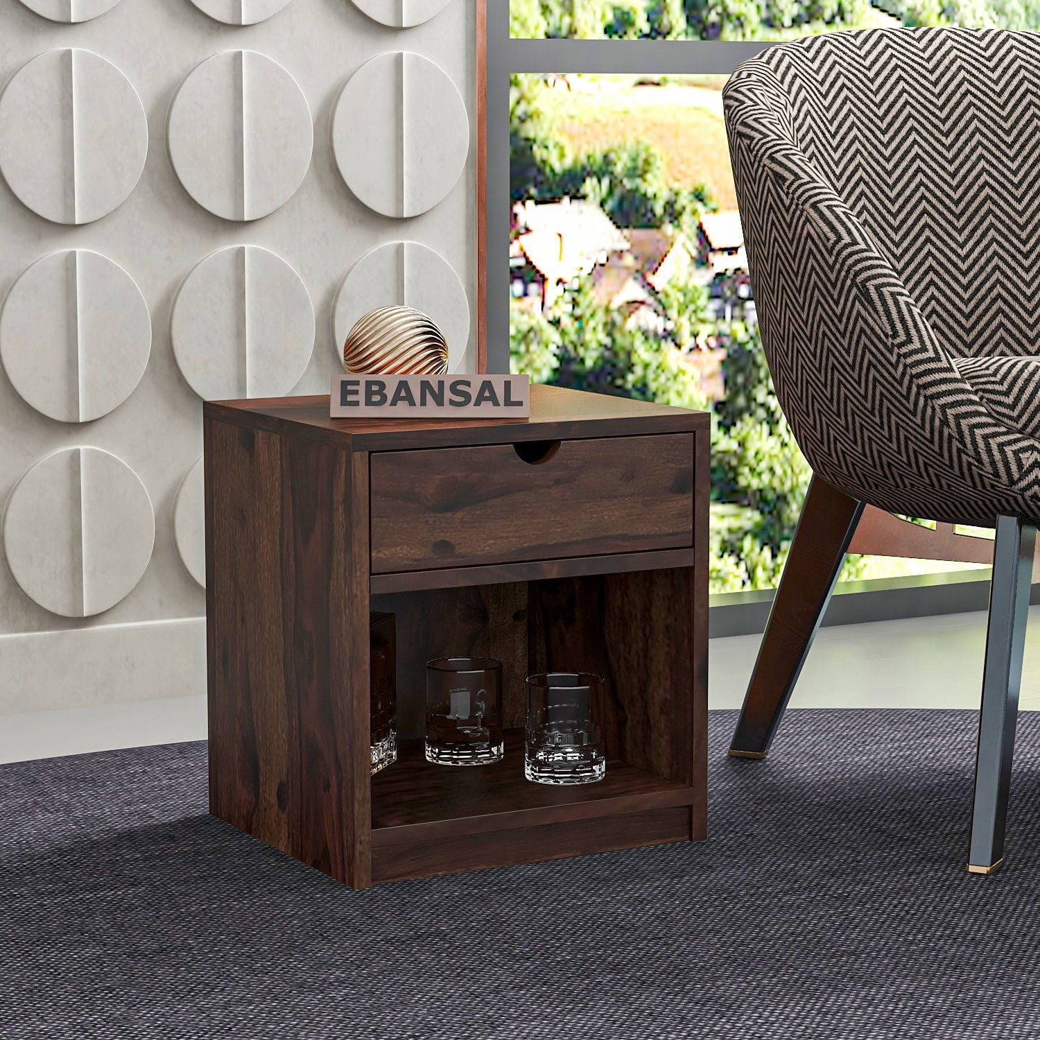 Maria Solid Sheesham Wood Bedside Table (Walnut Finish)