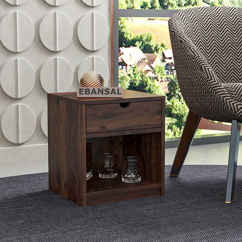 Maria Solid Sheesham Wood Bedside Table (Walnut Finish)