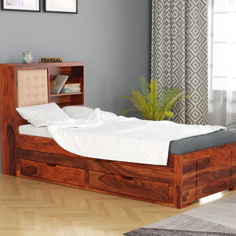 Maurice Solid Sheesham Wood Trundle Bed With Storage (Natural Finish)