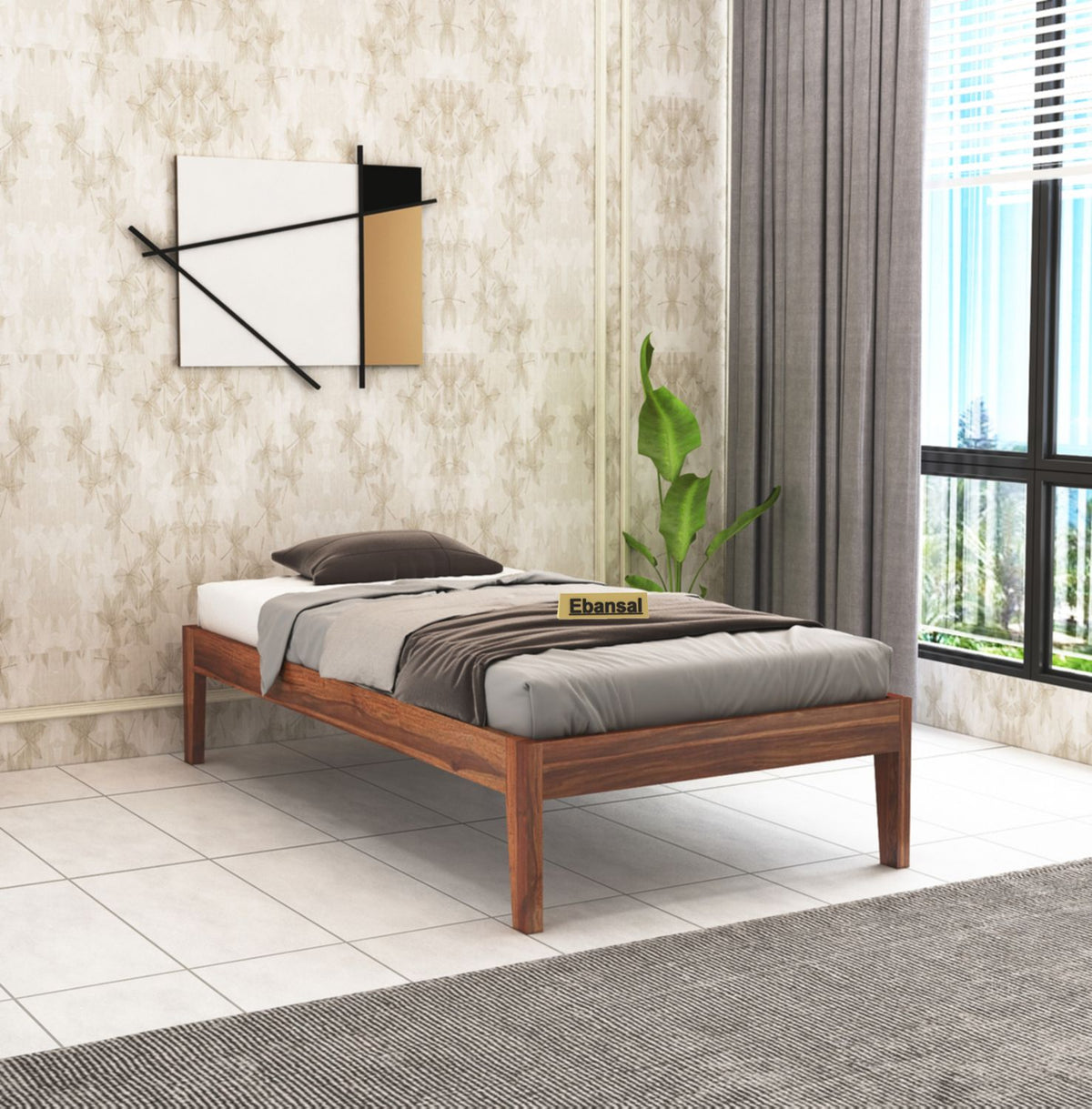 Minimal Solid Sheesham Wood Single Bed Without Storage (Natural Finish)