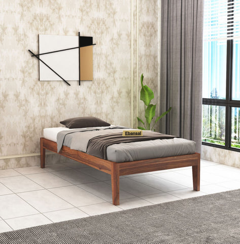 Minimal Solid Sheesham Wood Single Bed Without Storage (Natural Finish)