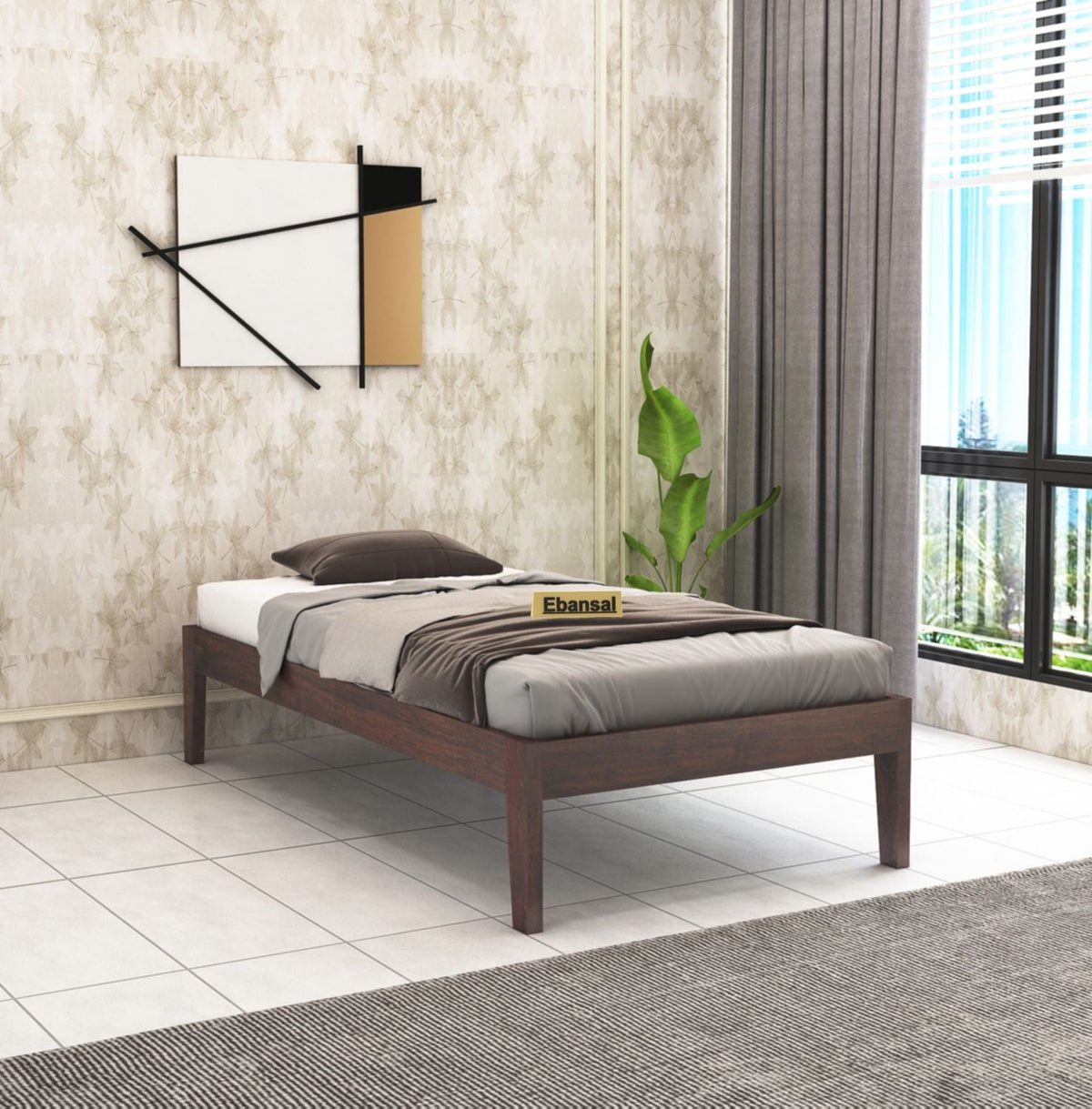 Minimal Solid Sheesham Wood Single Bed Without Storage (Walnut Finish)