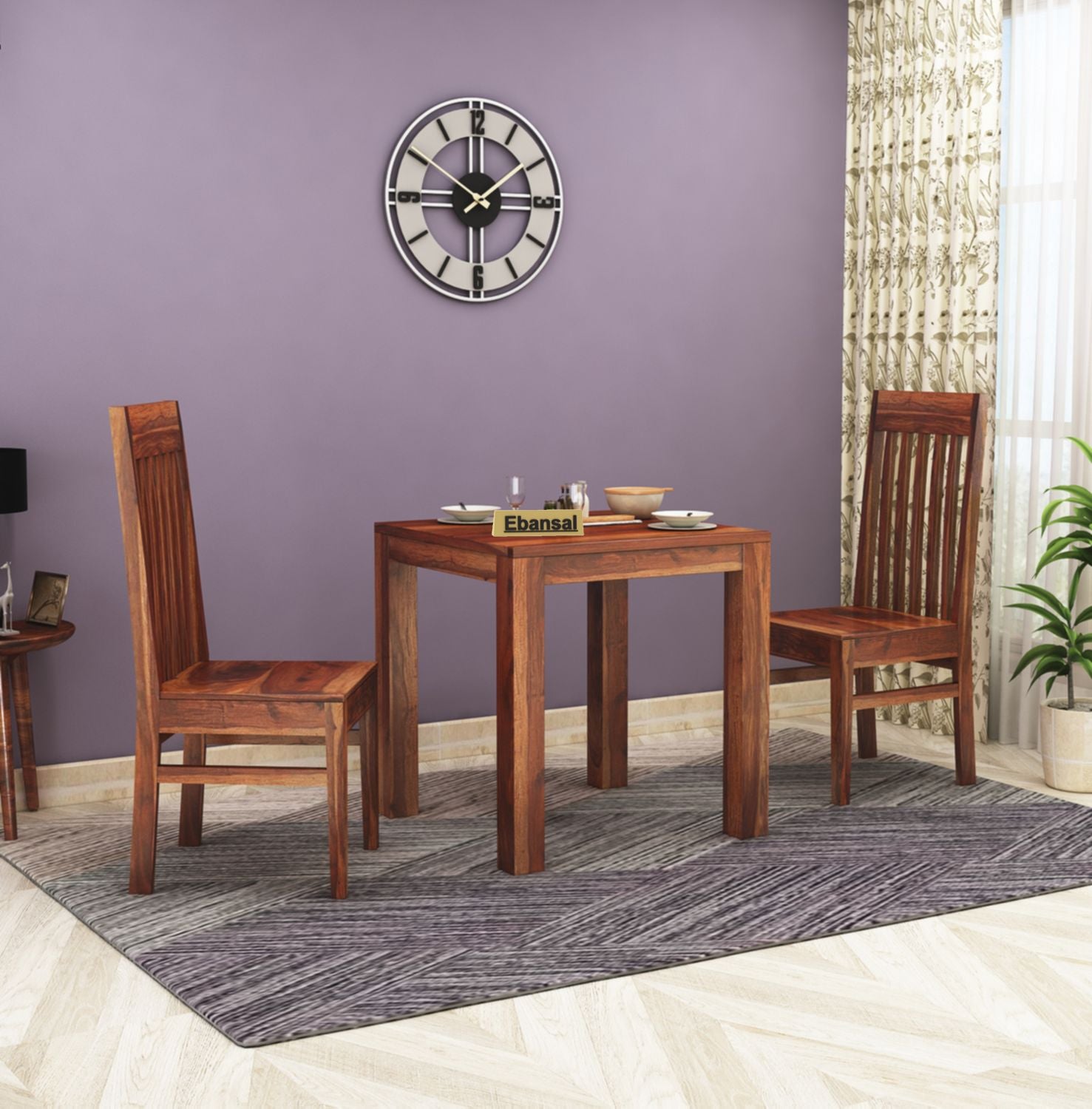 Minimal Solid Sheesham Wood Two Seater Dining Set (Plan Chairs, Natural Finish)