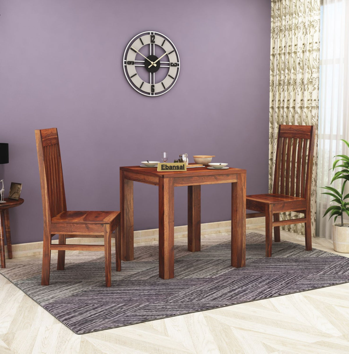 Minimal Solid Sheesham Wood Two Seater Dining Set (Plan Chairs, Natural Finish)