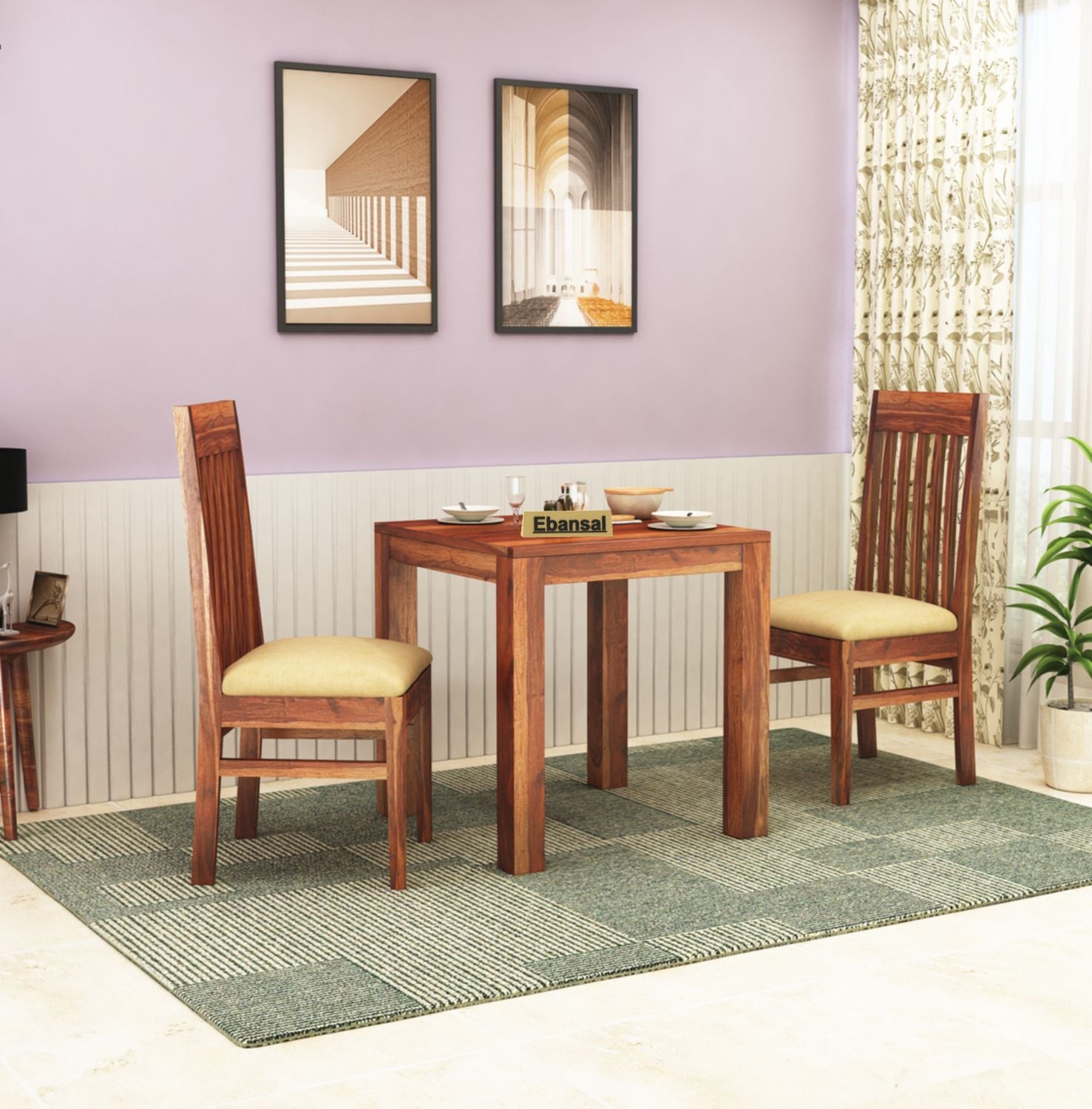 Minimal Solid Sheesham Wood Two Seater Dining Set (With Cushion, Natural Finish)