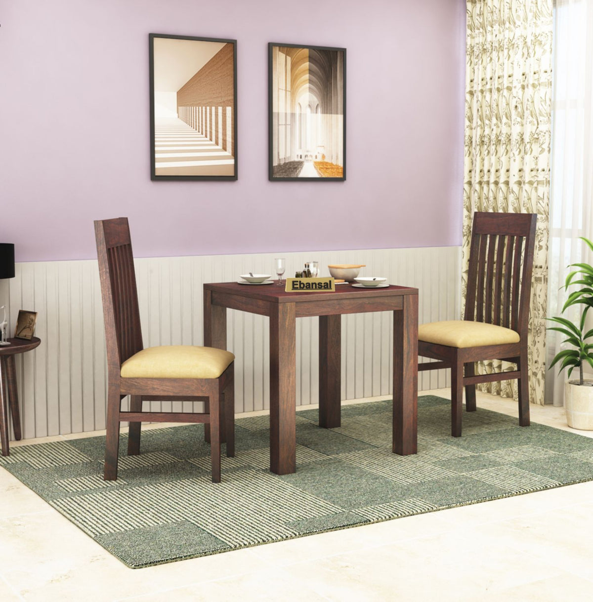 Minimal Solid Sheesham Wood Two Seater Dining Set (With Cushion, Walnut Finish)