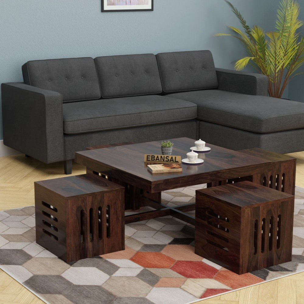Mobell Solid Sheesham Wood Coffee Table Set With Four Stools (Capsule, Walnut Finish)