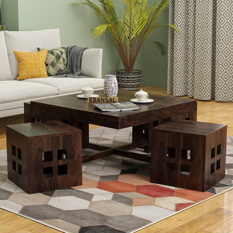 Mobell Solid Sheesham Wood Coffee Table Set With Four Stools (Square, Walnut)