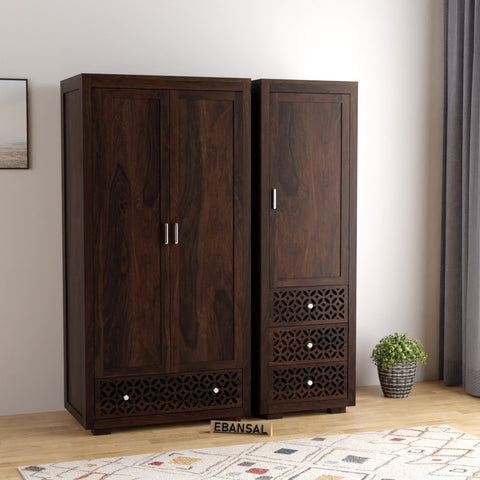 Monstro Solid Sheesham Wood Double Door Wardrobe Set (Walnut Finish)