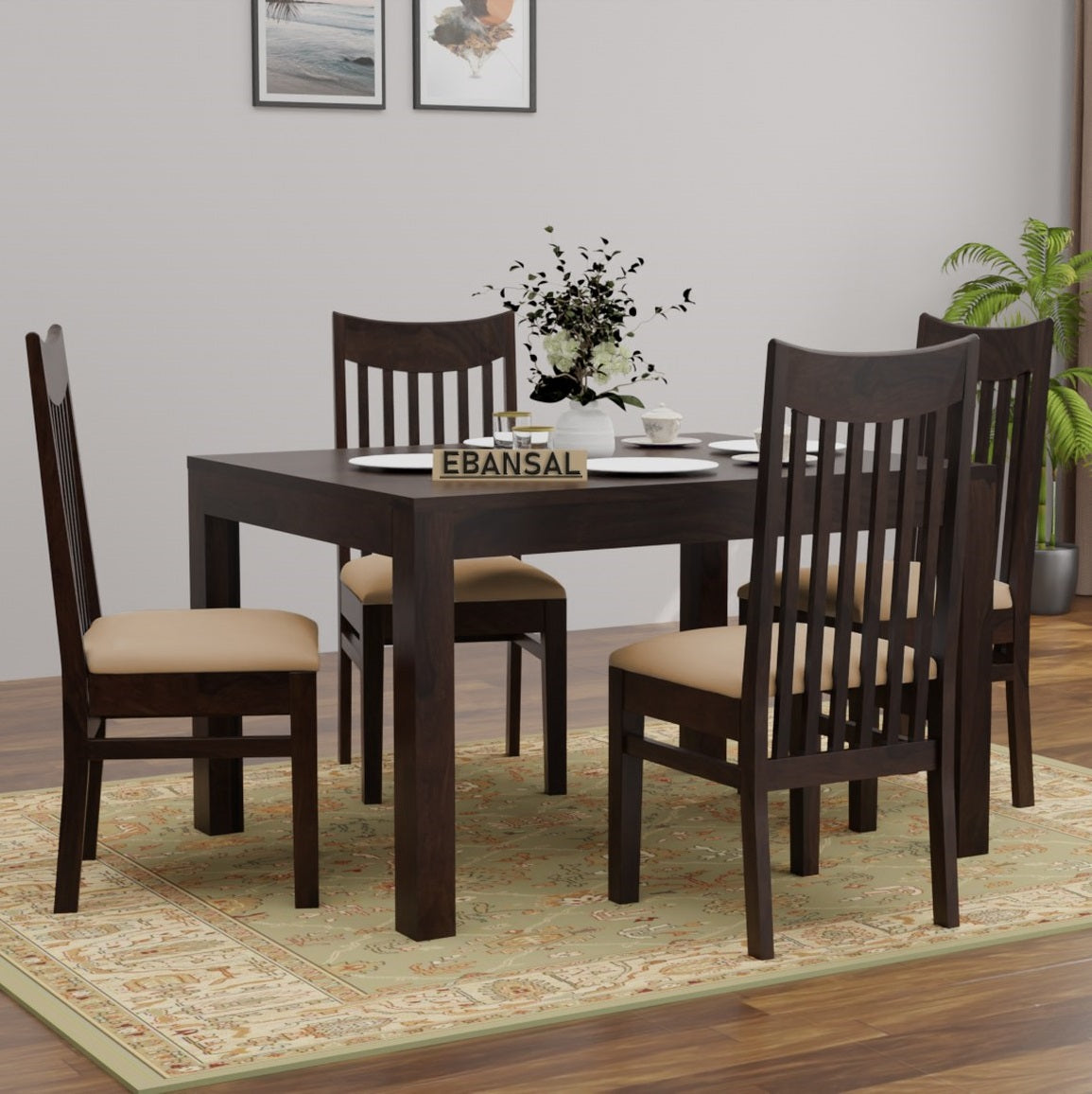 Moon Solid Sheesham Wood Four Seater Dining Set (With Cushion, Walnut Finish)