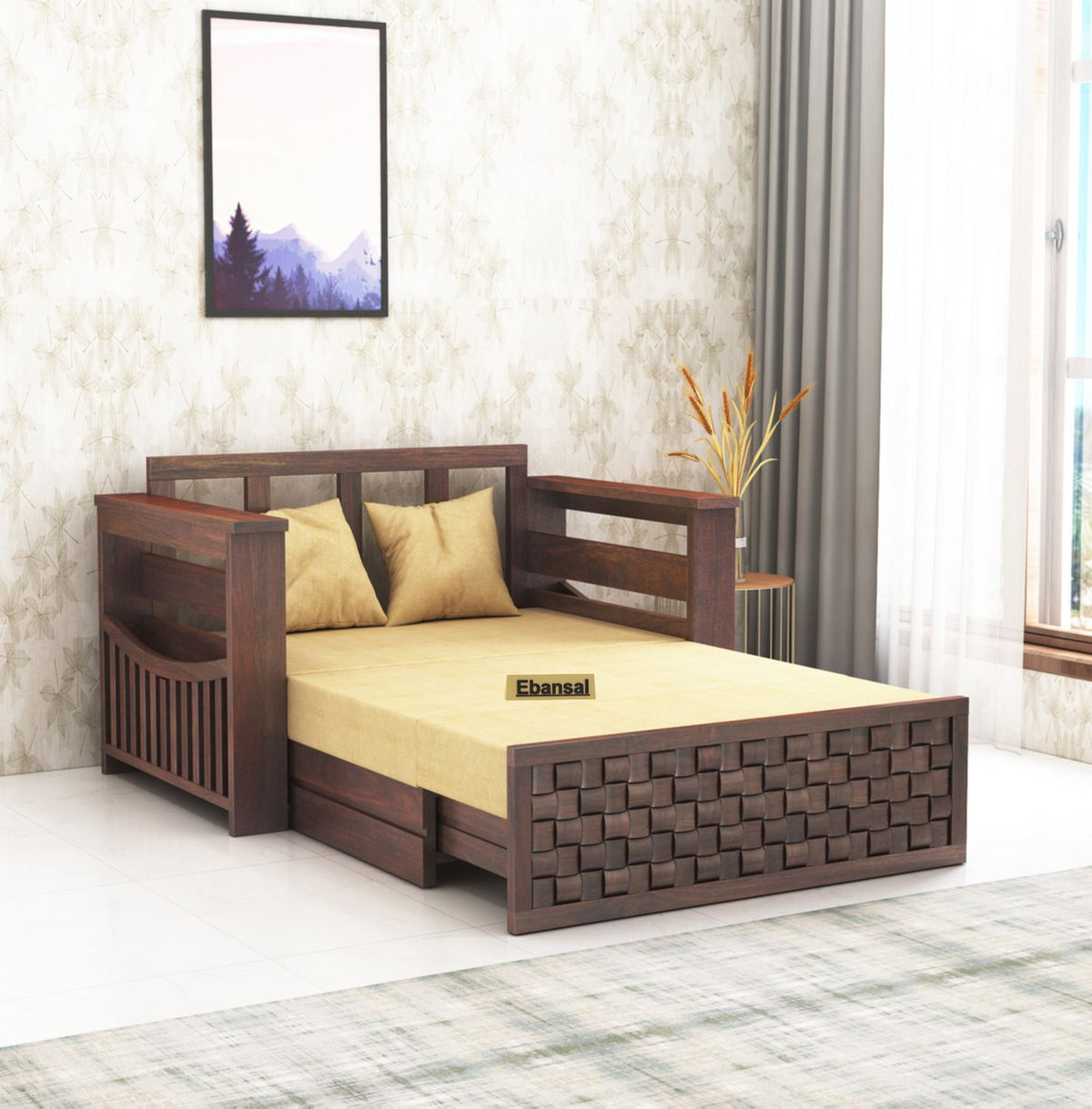 Olivia Solid Sheesham Wood 2 Seater Sofa Cum Bed (Walnut Finish)