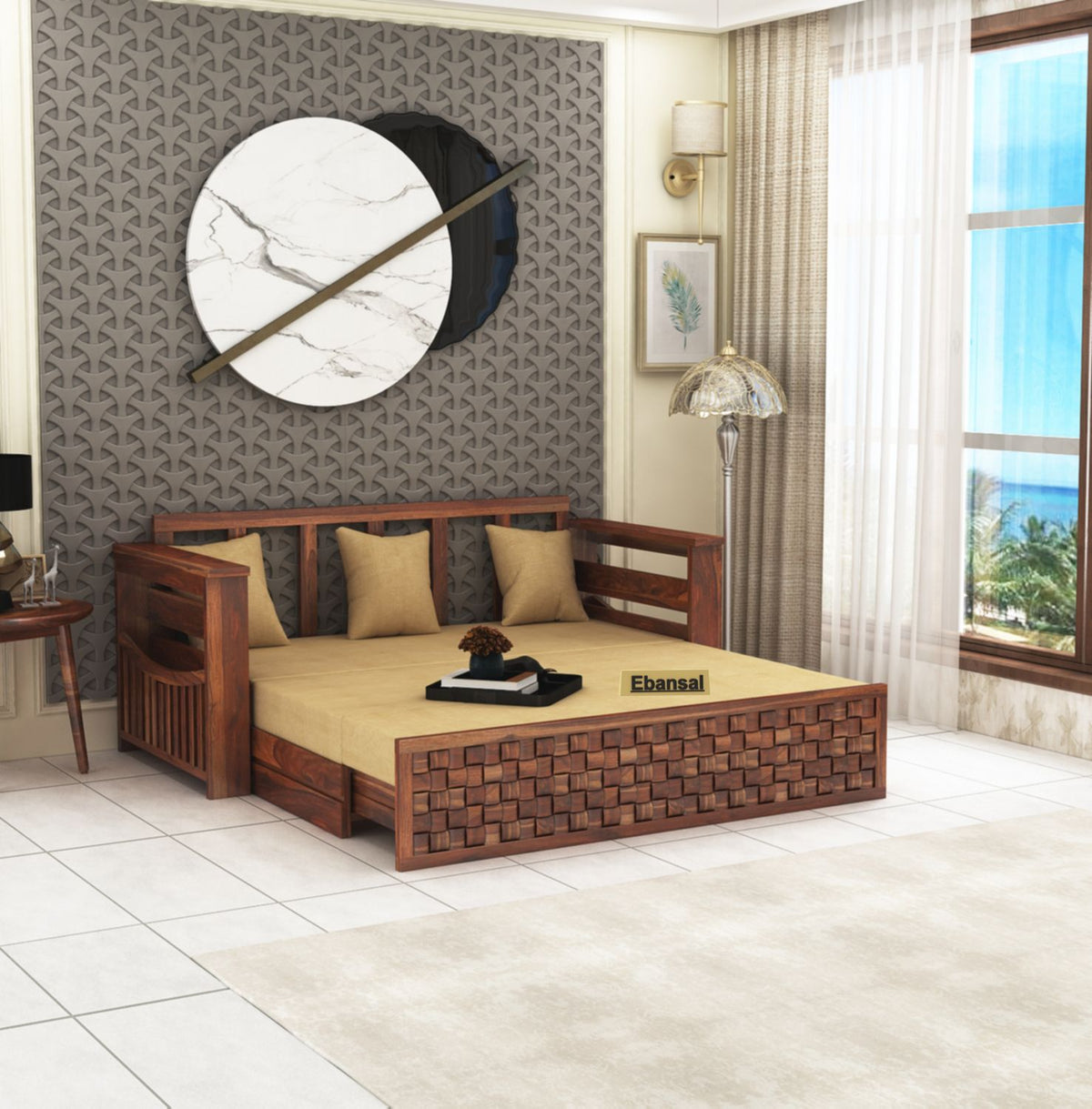 Olivia Solid Sheesham Wood 3 Seater Sofa Cum Bed (Natural Finish)