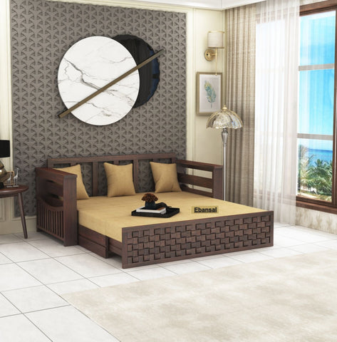 Olivia Solid Sheesham Wood 3 Seater Sofa Cum Bed (Walnut Finish)