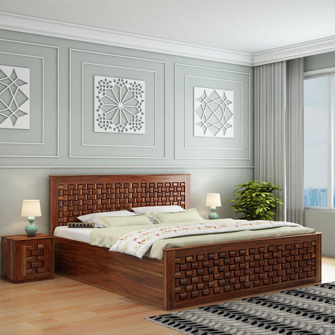Olivia Solid Sheesham Wood Bed With Box Storage (Queen Size, Natural Finish)