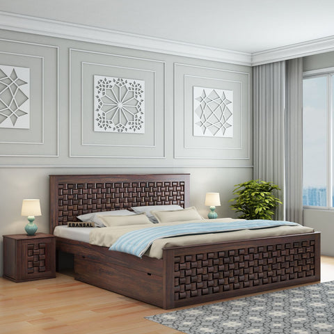 Olivia Solid Sheesham Wood Bed With Two Drawers (King Size, Walnut Finish)