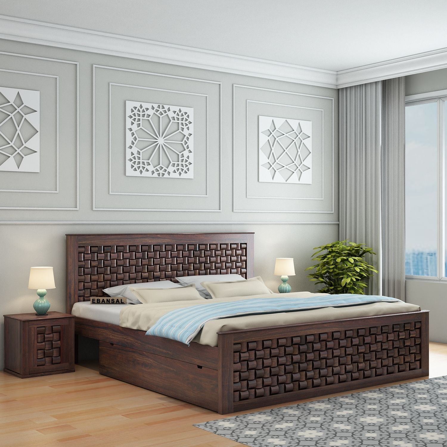 Olivia Solid Sheesham Wood Bed With Two Drawers (Queen Size, Walnut Finish)