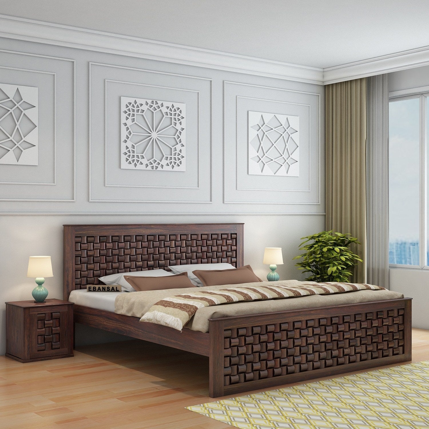 Olivia Solid Sheesham Wood Bed Without Storage (Queen Size, Walnut Finish)