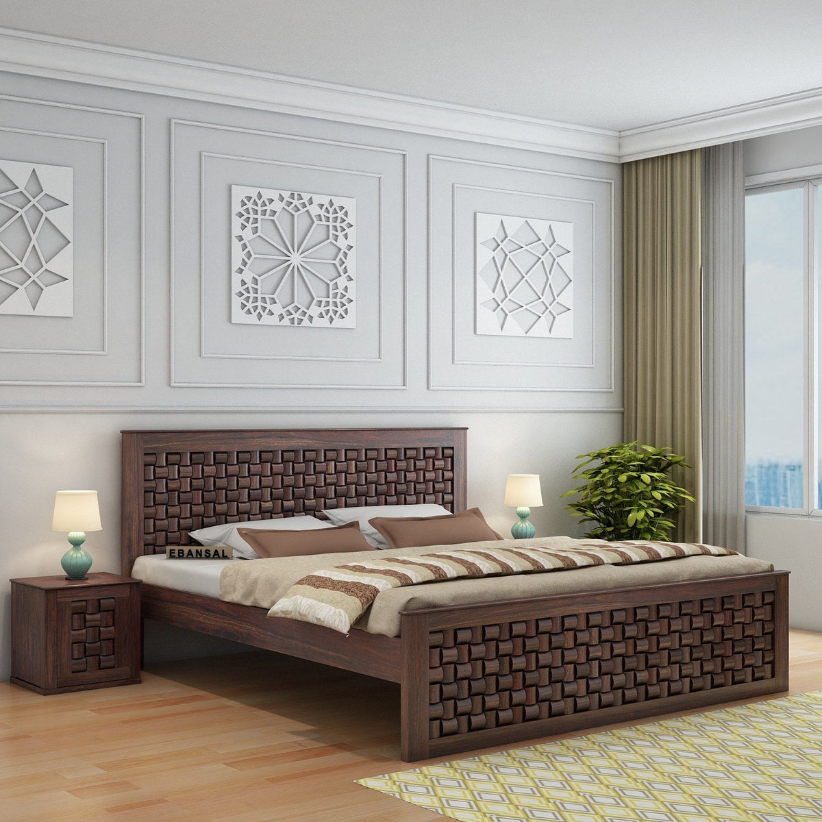 Olivia Solid Sheesham Wood Bed Without Storage (Queen Size, Walnut Finish)