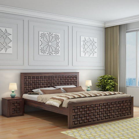 Olivia Solid Sheesham Wood Bed Without Storage (Queen Size, Walnut Finish)