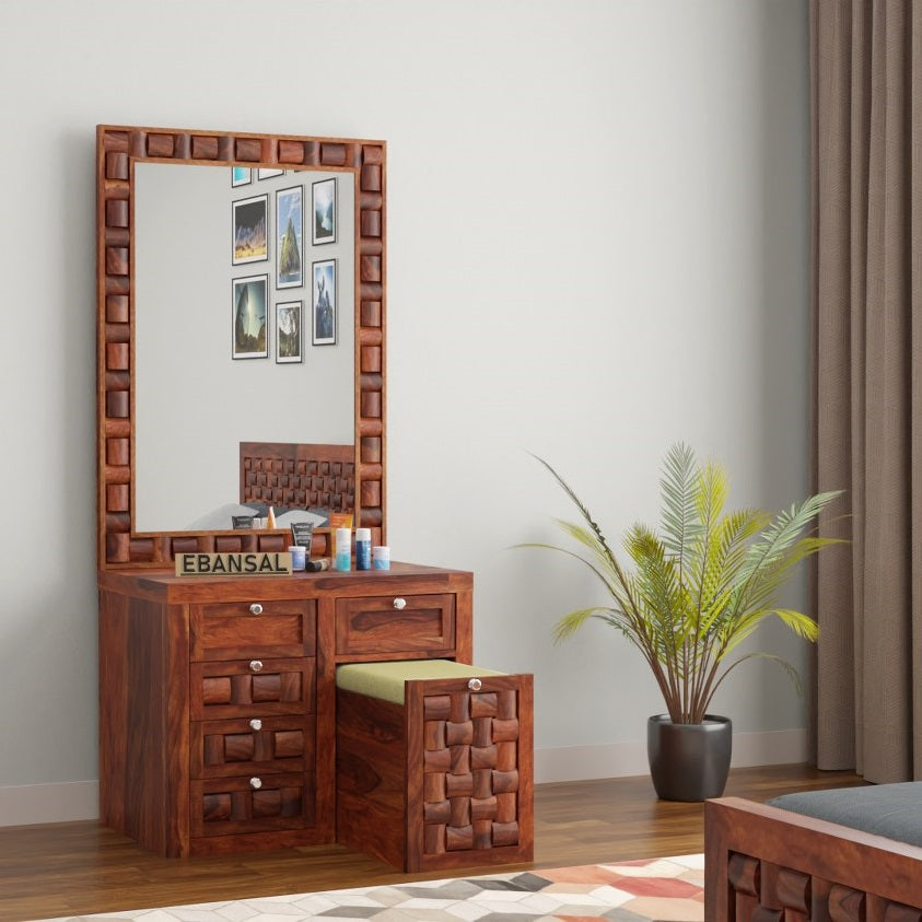 Olivia Solid Sheesham Wood Dressing Table With Stool (Natural Finish)