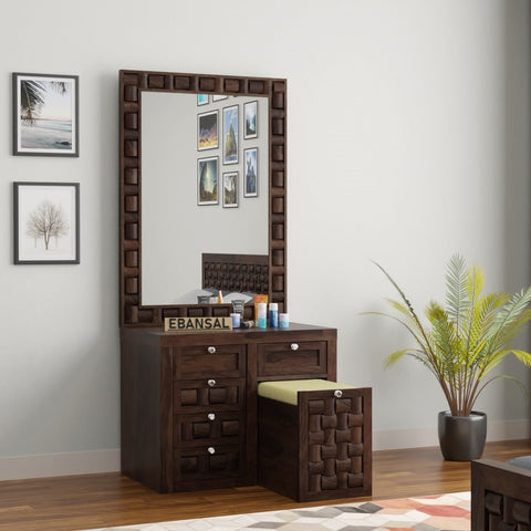 Olivia Solid Sheesham Wood Dressing Table With Stool (Walnut Finish)