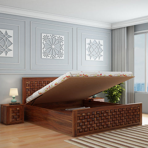 Olivia Solid Sheesham Wood Hydraulic Bed With Box Storage (King Size, Natural Finish)