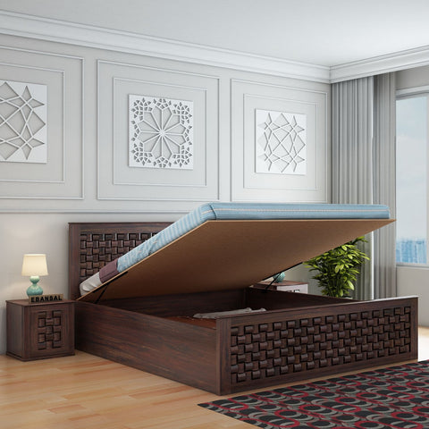 Olivia Solid Sheesham Wood Hydraulic Bed With Box Storage (King Size, Walnut Finish)