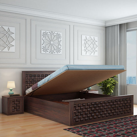 Olivia Solid Sheesham Wood Hydraulic Bed With Box Storage (Queen Size, Walnut Finish)