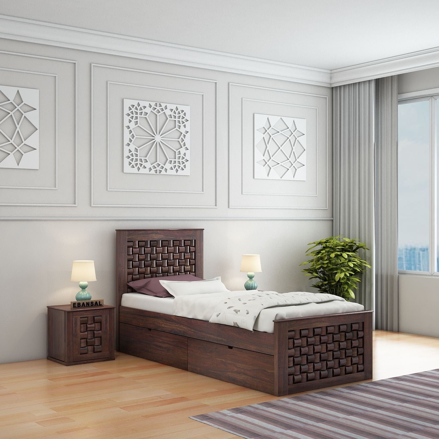 Olivia Solid Sheesham Wood Single Bed With Two Drawers (Walnut Finish)
