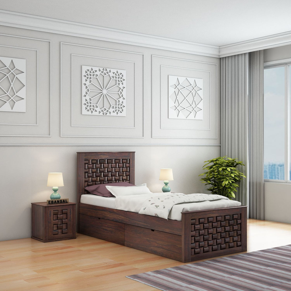 Olivia Solid Sheesham Wood Single Bed With Two Drawers (Walnut Finish)