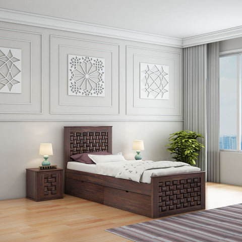 Olivia Solid Sheesham Wood Single Bed With Two Drawers (Walnut Finish)
