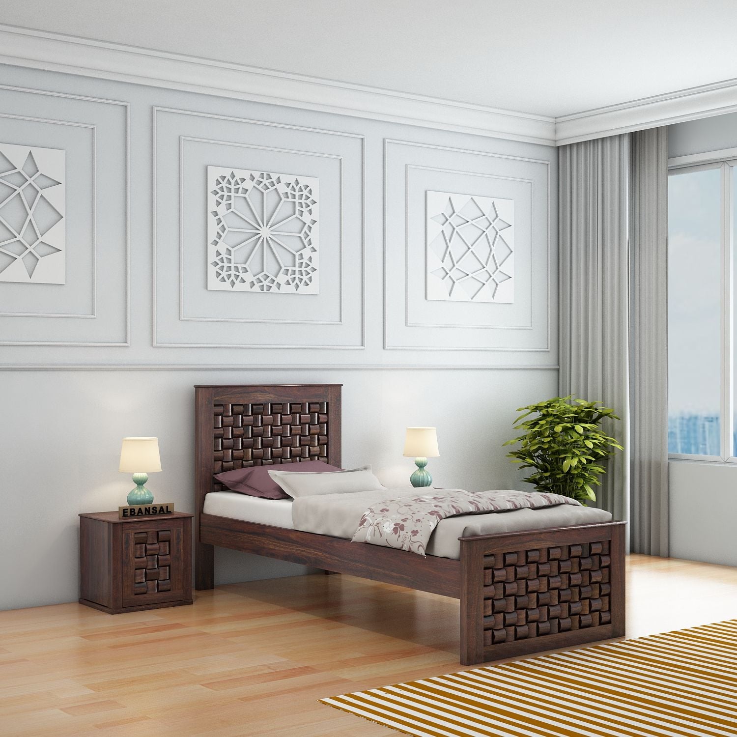 Olivia Solid Sheesham Wood Single Bed Without Storage (Walnut Finish)