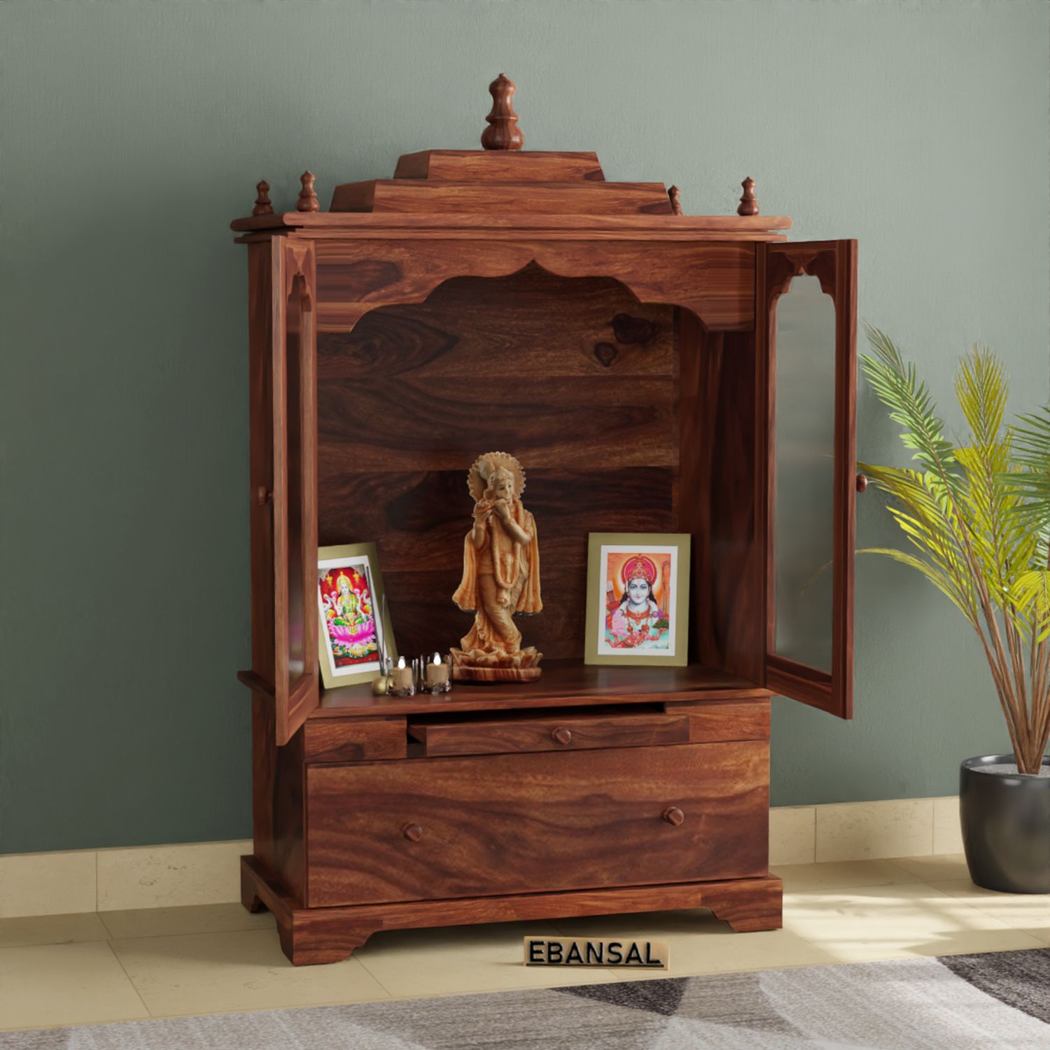 Pooja Solid Sheesham Wood Temple for Home (Natural Finish)
