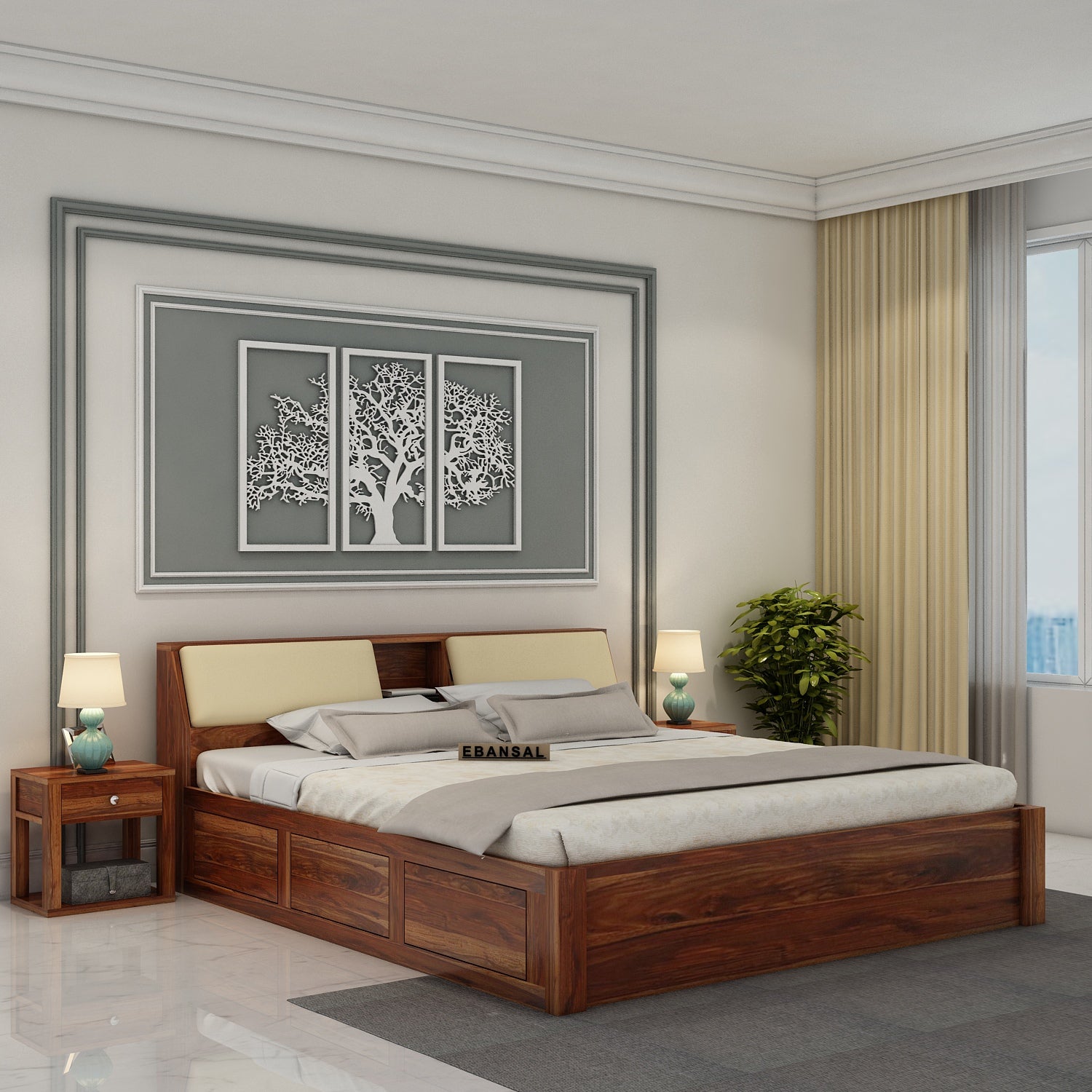 Rubikk Solid Sheesham Wood Bed With Box Storage (King Size, Natural Finish)