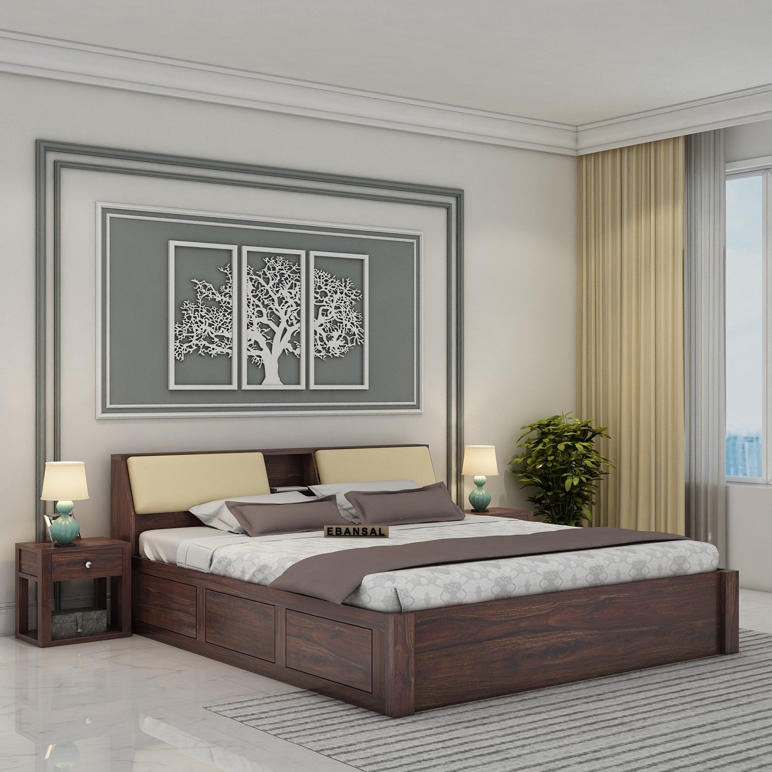 Rubikk Solid Sheesham Wood Bed With Box Storage (King Size, Walnut Finish)