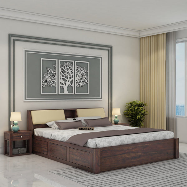 Rubikk Solid Sheesham Wood Bed With Box Storage (Queen Size, Walnut Finish)