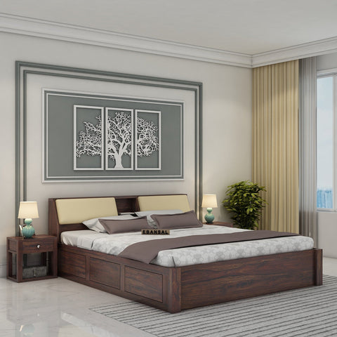 Rubikk Solid Sheesham Wood Bed With Box Storage (Queen Size, Walnut Finish)