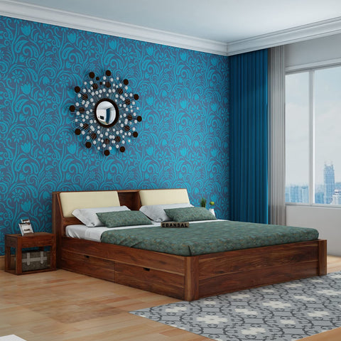 Rubikk Solid Sheesham Wood Bed With Four Drawers (King Size, Natural Finish)