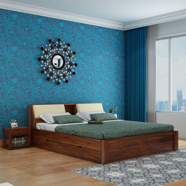 Rubikk Solid Sheesham Wood Bed With Four Drawers (Queen Size, Natural Finish)