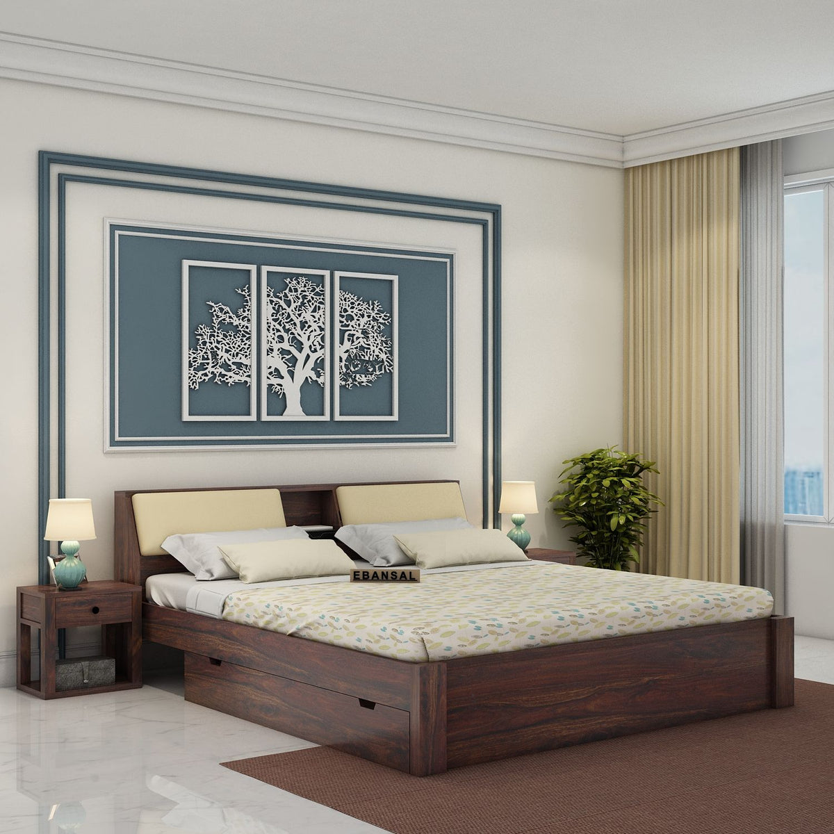Rubikk Solid Sheesham Wood Bed With Two Drawers (Queen Size, Walnut Finish)