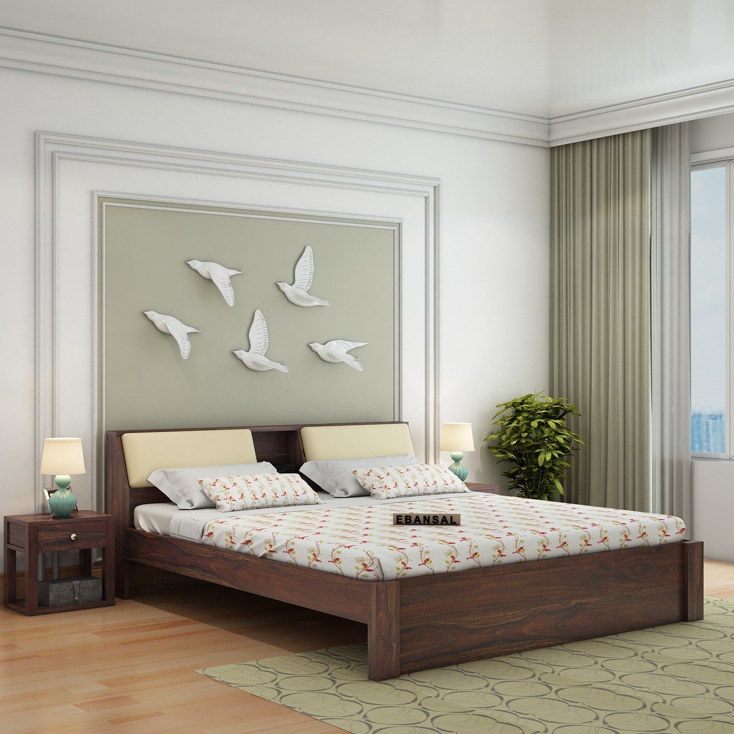Rubikk Solid Sheesham Wood Bed Without Storage (King Size, Walnut Finish)