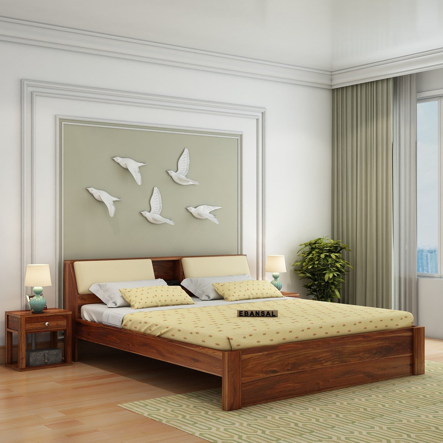Rubikk Solid Sheesham Wood Bed Without Storage (Queen Size, Natural Finish)