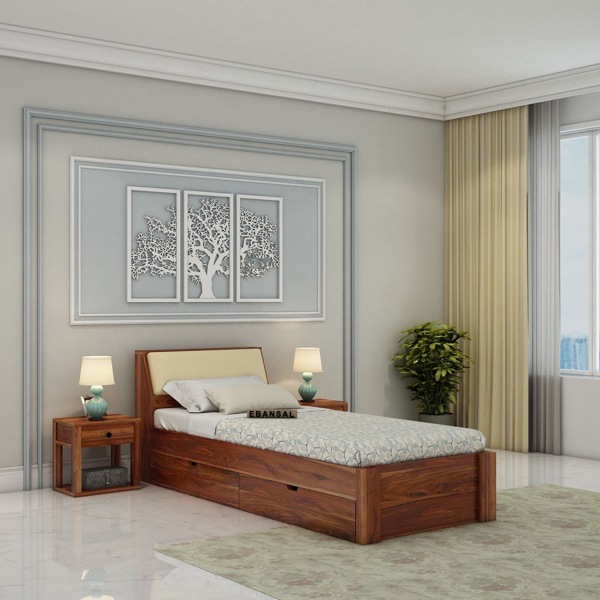 Rubikk Solid Sheesham Wood Single Bed With Two Drawers (Natural Finish)