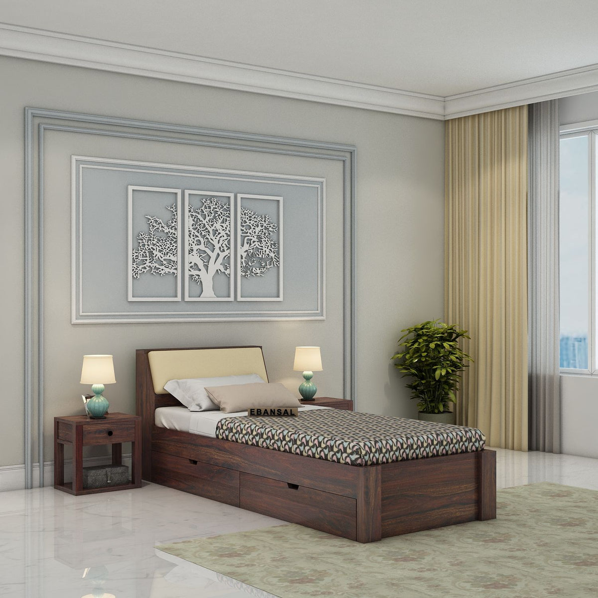 Rubikk Solid Sheesham Wood Single Bed With Two Drawers (Walnut Finish)