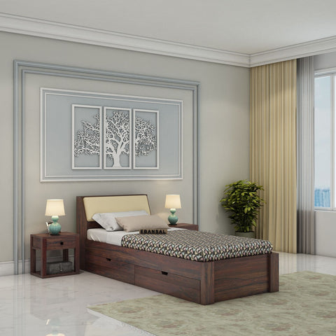 Rubikk Solid Sheesham Wood Single Bed With Two Drawers (Walnut Finish)