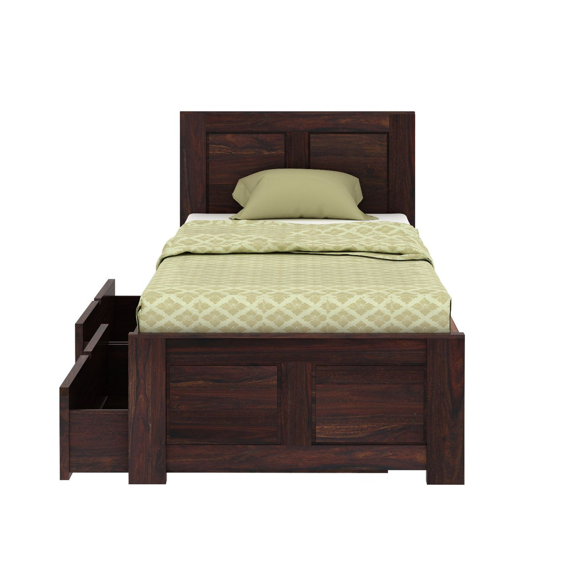 Woodwing Solid Sheesham Wood Single Bed With Two Drawers (Walnut Finish)